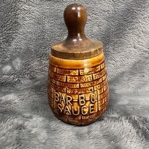 Vintage Bar-B-Q‎ Sauce Ceramic Jar with Wooden Lid and Brush
